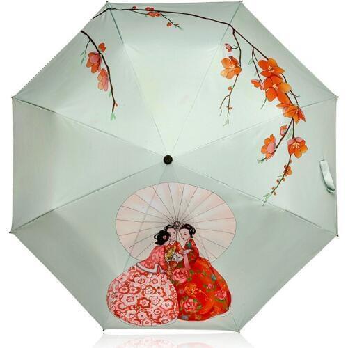 2018 New Chinese Style Silver Coating Summer Parasol Sunny and Rainny Umbrella Three Fold paraguas Women Anti-uv Rain Umbrellas