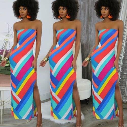 Women 's Casual Printed Strapless Maxi Dress Sleeveless Slash Neck Polyester Spring Sheath Striped Natural