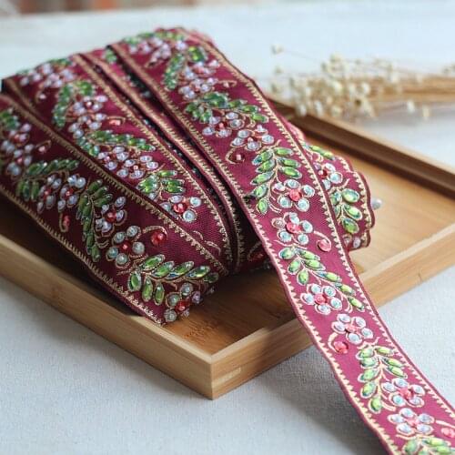 2yard red High Quality Hand Made Beaded Sequined Wedding Lace Trim Embroidered Retro Lace Bridal 1.77'' Wide