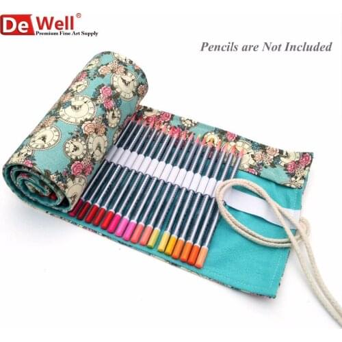 36/48/72 Holes Handmade Pencils Bag Canvas Wrap Colors Pencils Case Roll Up Stationery Gift Design Rose Clocks Vintage Holders