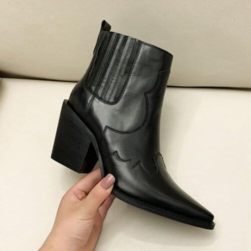Natural Leather Boots Women Genuine Pointed Toe Mid Heel Ankle Boots Thick Square Heel Slip On Western Boots Cowboy Boots Women