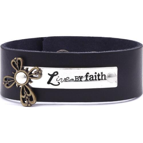Live By Faith Vintage Cross Black Punk Wide Real Leather Men Bracelets Women Vintage Cuff Bangle Male Homme Jewelry Accessories