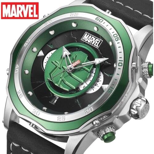 Disney Original Marvel The Avengers Hulk Quartz Calendar Wristwatches Male Stainless Steel Green Giant Multiple Time Zone Coated