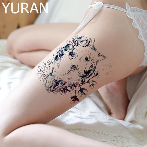 Black Arctic Fox Arm Tattoos Temporary Women Body Arm Legs Large Art Tattoos Sticker Plum Blossom Girls Makeup Tatoos Fake Paper