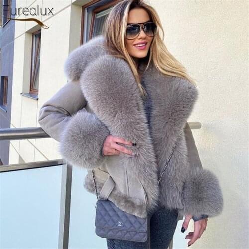 FUREALUX Real Fur Coat With Blue Fox Fur Collar Womens Winter Thick Warm Parka High-end Slim Jacket European Style Street