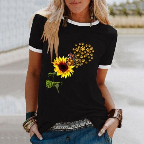 Sunflower Butterfly Print Women Short Sleeve T Shirt Summer Fashion Street Hipster O-Neck Female Large Size Tops Casual 5XL 2021