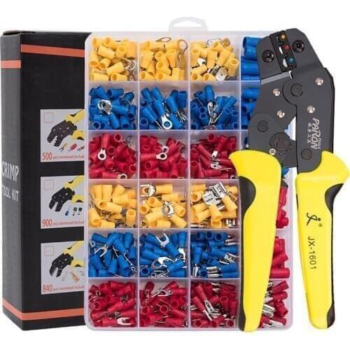 Wire Terminals Crimping Tool Insulated Ratcheting Crimper Kit of AWG22-14 with 500PCS Male and Female Spade Connectors