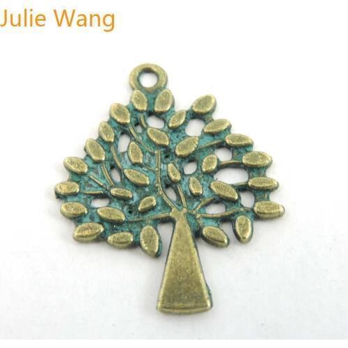 Julie Wang 16PCS Small Trees Charms Antique Green Patina Alloy Necklace Pendant Bracelet Jewelry Making Keychain Accessory Decor