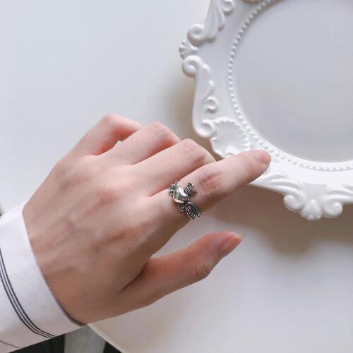 Retro Authentic S925 Sterling Silver FINE Jewelry Bird Feather Angel Wings & love HEART Crown ring adjust TLJ744