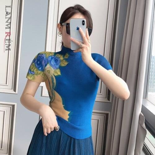 LANMREM Women Short Sleeve Printed T Shirt Ladies Casual Turtleneck Slim Fit Tops Large Size T Shirts Female Fashion 2D7040