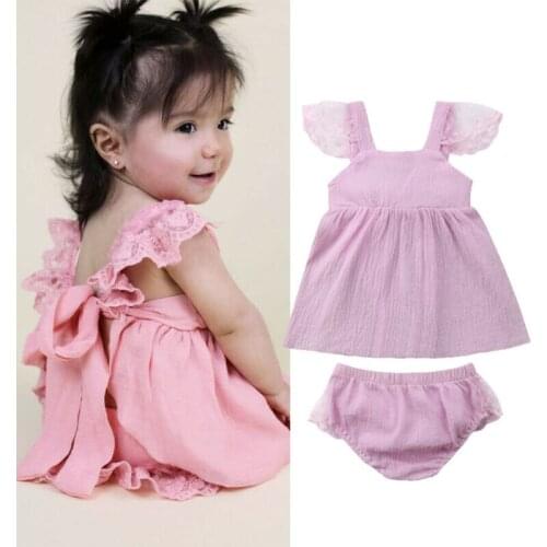 Pink Casual Newborn Infant Kids Baby Girls Summer Lace Dress+Pants Shorts Princess Party Wedding Tutu Sundress