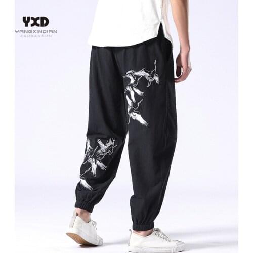 Men clothing Summer Men Harem Pants Casual Cotton Linen Trouser Vintage Chinese style Crane Embroidered Baggy Pants Men Joggers