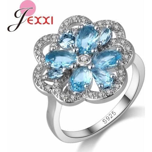Natural 925 Sterling Silver Flower Shape Crystal Design Sense Blue Color CZ Zircon Ring Women Fashion Jewelry