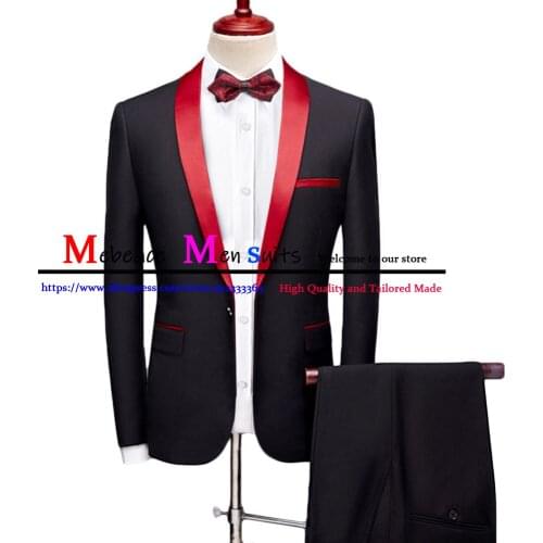 Latest Designs Elegant Mens Suit Slim Fit Red Shawl Lapel Wedding Groom Wear Tuxedo Best Man Blazer 3 Pieces (Jacket+Vest+Pants)