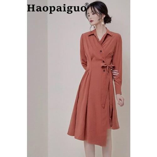 Solid Casual Autumn Dress for Women Long Sleeve Singer Button Asymmetrical Bodycon Dress Women with Sashes Robe Longue Femme Ete