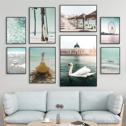 Beach Art Canvas Painting Prints Nordic Ferris Wheel Swan Posters Coconut Surfboard Wall Pictures For Living Room Decoration