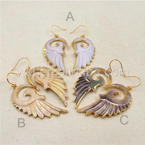 WT-E268 Fashion Carved Feather Earrings Jewelry Natural Shell Raw color Gold feather earrings gift with 24k gold strim 30*60mm