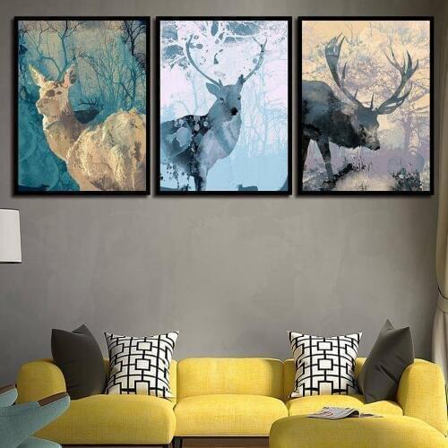 Ink Deer Forest Modern Minimalist Canvas Picture Modern Wall Decoration Picture for Living Room Poster B5134