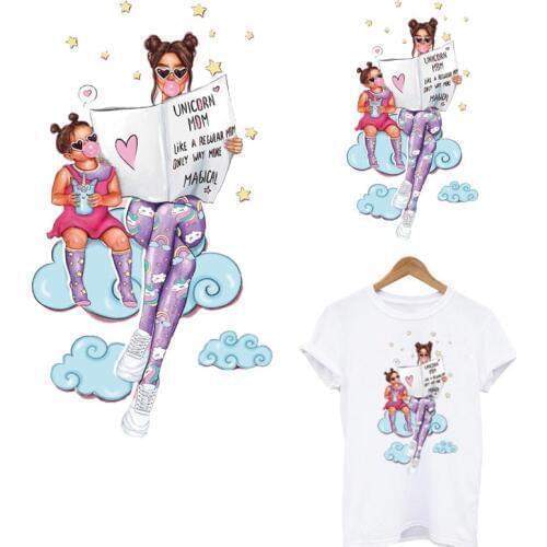 DIY Patches Thermal Sticker On Clothes Mom&Girl Iron On Heat Transfers T-shirt Hoodies Appliques Unicorn Style Patch Accessory