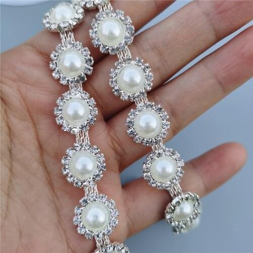 Pearl Beaded Crystal Chain Manual Rhinestones Trim Ribbon Metal Chain Decoration Collar Dress Clothing Bag Accessories 13mm Wide