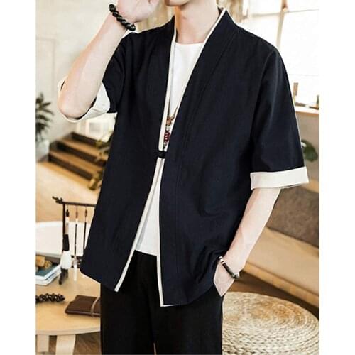 Japanese Kimono Cardigan Shirts Men Loose Short Sleeve Blouse Summer One Button Jacket Ancient Style