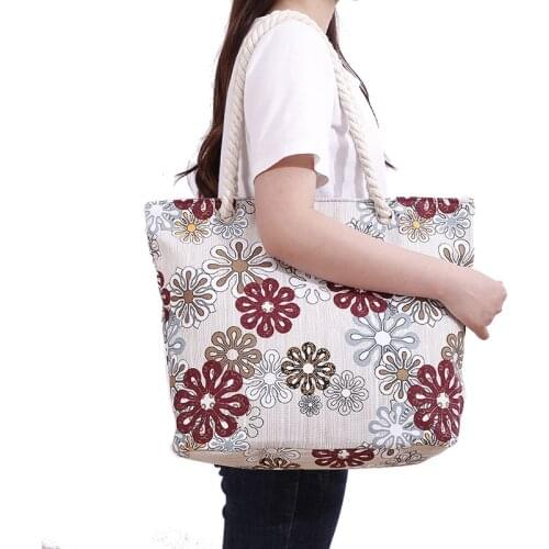 Womens Canvas Handbag Large Capacity Floral Printed Casual Travel Shopping Bags Shouder Design Cotton Rope Beach Tote Bag New