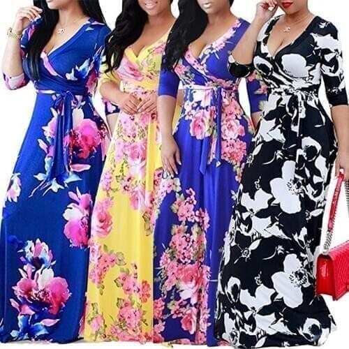 Womens Clothing V Neck High Waist Office Ladies Dress Maxi Dresses for Women Vintage Plus Size Dress Wholesale Dropshipping