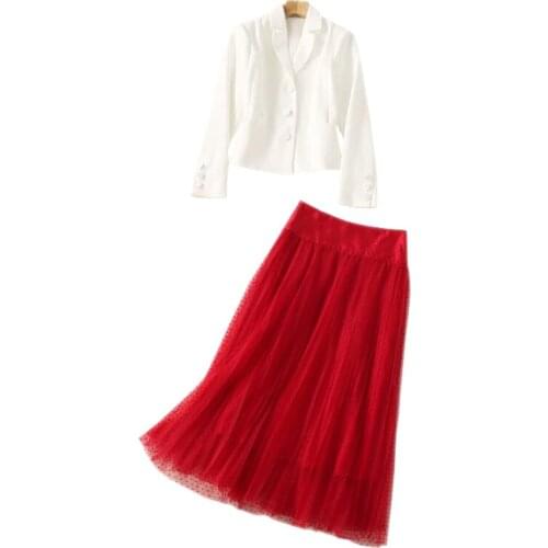 Ladies Two Pieces Outfits Suit Set White Blazer Top + Flocking Polka Dots Red Mesh Midi Skirt