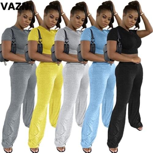 VAZN Hot sale 2020 summer sexy lady 5 colors 2-piece solid set short sleeve V-neck tees long flare pant set streetwear daily set