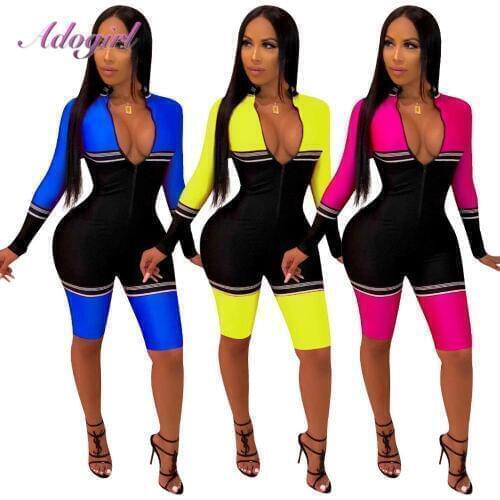 Women Jogging Casual Color Patchwork Long Sleeve Zipper Up Bodycon Jumpsuits Outfit Night Party Rompers Overalls Soprt Tracksuit
