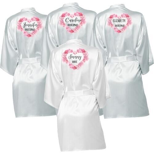 Flower Print Heart-shaped Custom Name Bride Bridesmaid Robe Women Silk Satin Kimono Bathrobe Dress Gown