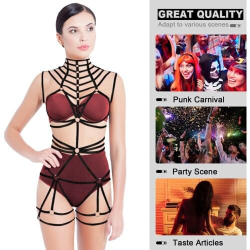 Goth High Neck Collar Harness Body Bondage Lacing Straps Set Bdsm Garter Belt Sexy Womens Erotic Lingerie Punk Rave Adult Game