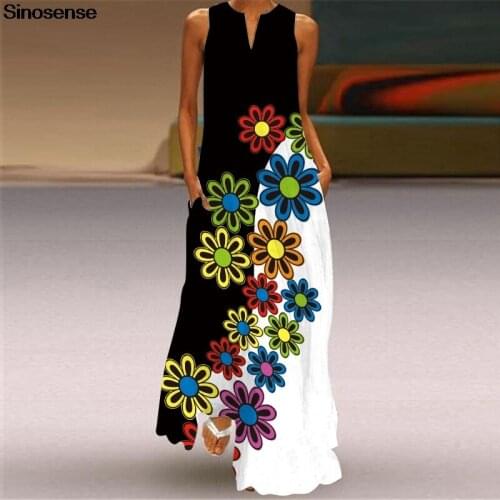 Women Summer Dress Vintage Floral Print Loose Chiffon Sleeveless Beach Party Maxi Dress Sundress 2021 Fashion Plus Size Dress