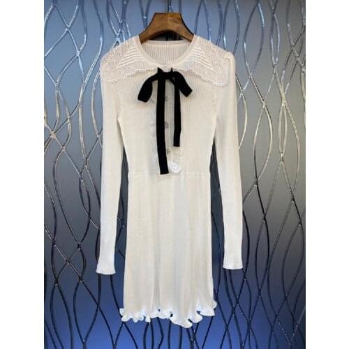Knitted Dress 2021 Autumn Winter Style Women Bow Collar Beading Button Deco Long Sleeve Casual Long White Sweater Dress Pullover