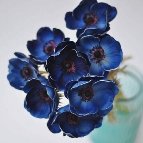Blue Anemones Natural Real Touch Flowers Single Stem for Silk Wedding Bridal Bouquets, Centerpieces, Decorative Flowers, Cake D