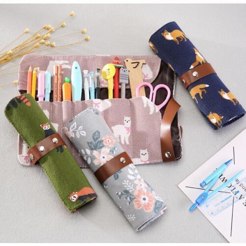 10pcs Kawaii Fabric Flower Alpaca Roll Up Pencil Bags for School Office Supplies Cute Pencils Pouch Marker Organizer Stationery
