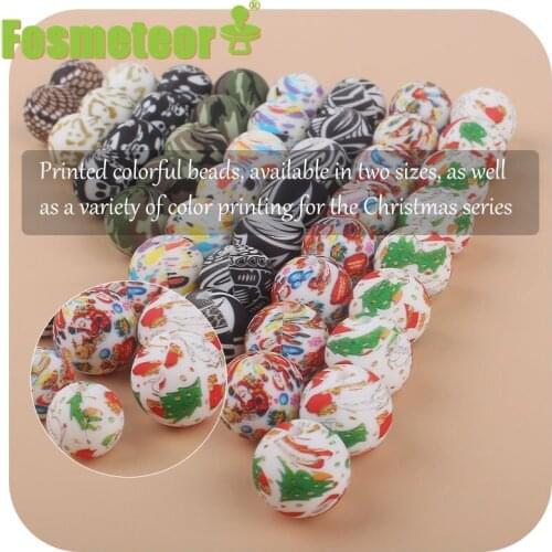 Fosmeteor 10pcs 15mm Silicone Christmas print Beads Baby Round Shaped Beads Teething BPA Free Sensory Chewing Toy Accessories