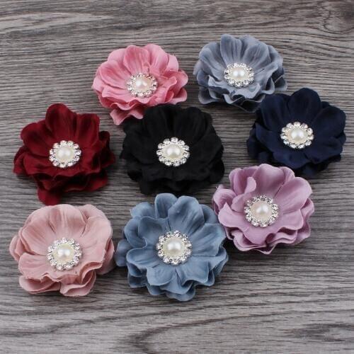 120pcs/lot 4.6cm 8colors Mini Felt Flower+Rhinestone Pearl Bead For Kids Girls Hair Accessories DIY Fabric Flowers For Headbands
