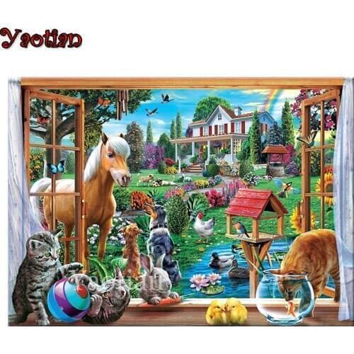 5D Diamond Painting kitten Full Diamond Embroidery Animal farm landscape outside the window Rhinestones DIY Mosaic Kits