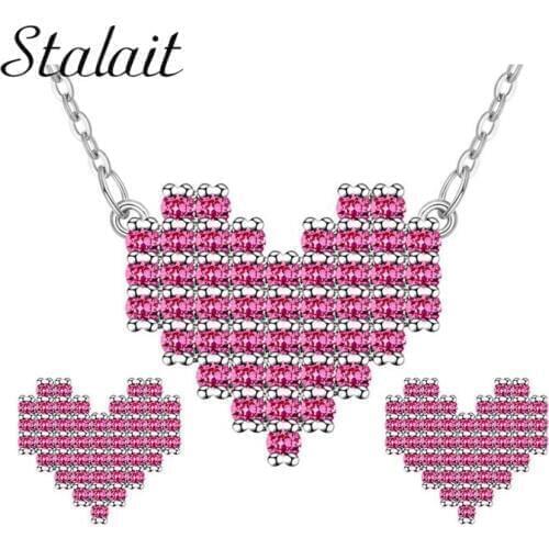 Love Pink Heart White Full Rhinestones Wedding Jewelry Sets For Women Bridals Silver Color Jewelry Necklace Earrings Ring Set