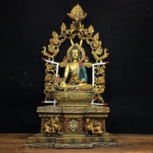 16"Chinese temple collection Old Bronze Painted Three Body Buddha Medicine Buddha Buddha Terrace Back light Ornaments Town House