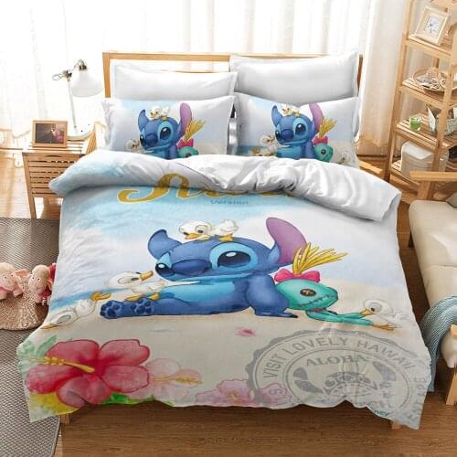 Disney Lilo & Stitch Cartoon Cute Print Bedding Set Duvet Cover Pillow Double Queen Large Size Childrens Deluxe Bedroom Decor