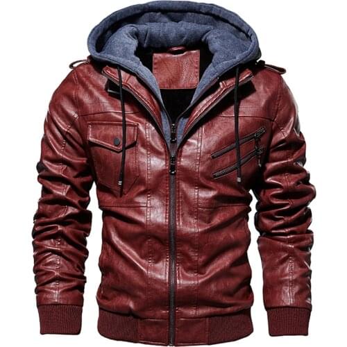 New PU Leather Jacket Men Autumn Winter Casual Hat Detachable Coats Jaqueta Couro Male Windproof Moto Biker Faux Leather Jackets