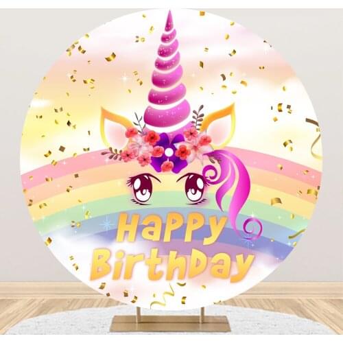 Laeacco Rainbow Unicorn Child Happy Birthday Party Round Circle Backdrop For Photography Portrait Customized Poster Backgrounds
