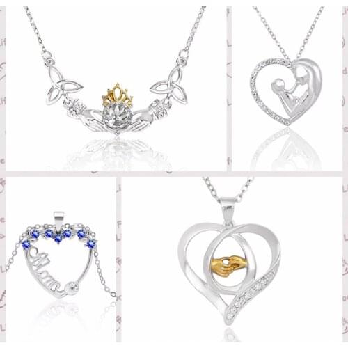 Cute Mom Baby Love Heart Pendant Necklace Silver Color Hand In Hand Crystal Necklaces Jewelry Mothers Day Xmas Gift