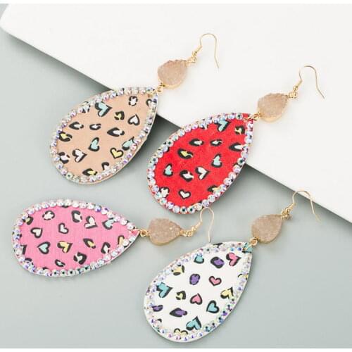 Layered Quartz Druzy Love Heart Print Leather AB Crystal Embellished Teardrop Earrings for Women Fashion Valentines Day Gifts