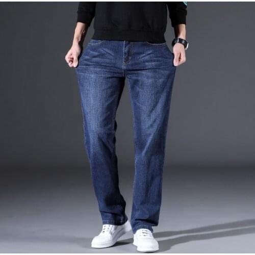 2021 Mens Jeans Classic Straight Regular Smart Casual Blue Elastic Denim Pants Brand Trousers Male Clothes