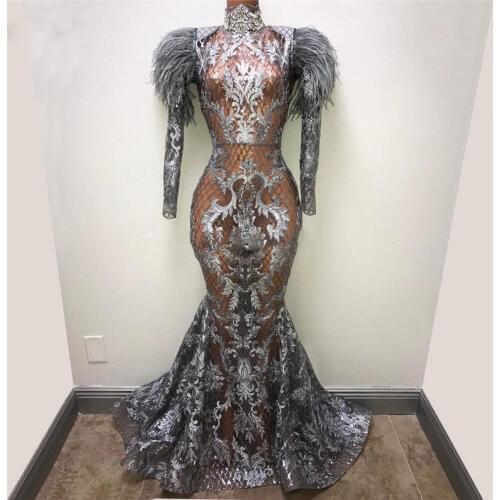 Grey Lace Mermaid Prom Dresses Long Sleeve High Neck Feathers Illusion Evening Dress 2019 Special Occasion Gowns Robe de soiree