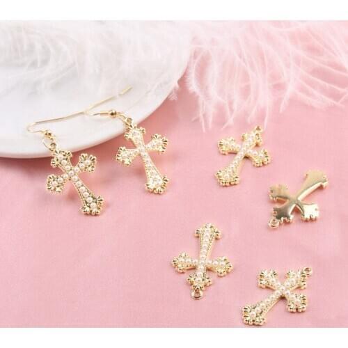 10pcs/lot Pearl Crosses Charms Gold Color Tone Metal Cross Pendants Charm Handmade Fit DIY Earring Bracelet Jewelry Accessories