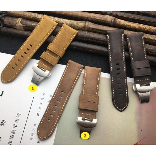 Retro Crazy horse real leather Brown 24mm Watchband For Panerai strap for PAM441 Bracelet Butterfly Buckle watch band free tools